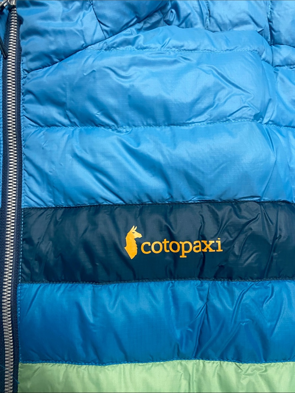 cotopaxi Blue Hooded Puffer Jacket Green and Navy Stripes Men’s Size 2XL - 1511 - Picture 4 of 15